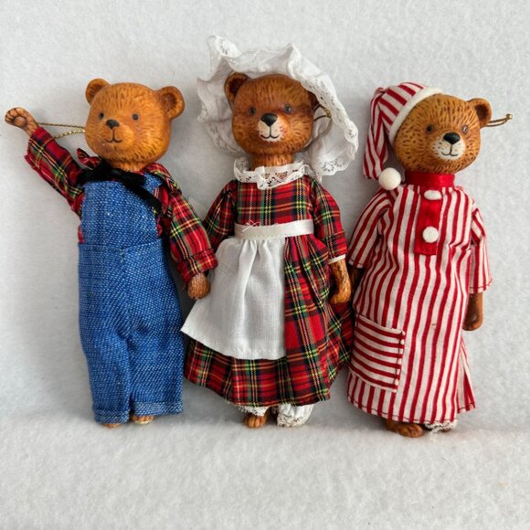 Enesco VTG Christmas Porcelain 3 Bears Dolls Mama, Papa Baby Ornaments - Picture 1 of 7